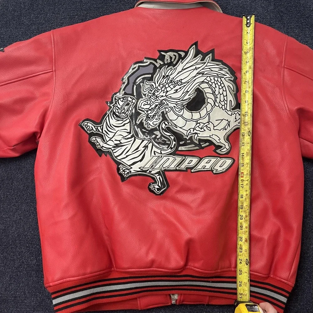 Y2K‎ IMPAQ Hip Hop Jacket Mens Large Red Faux Leather Dragon Tiger Bomber Tattoo